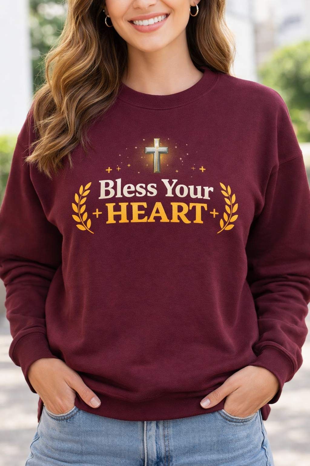 Women Bless Your Heart cross wreath Crewneck Sweatshirt  Christian faith design