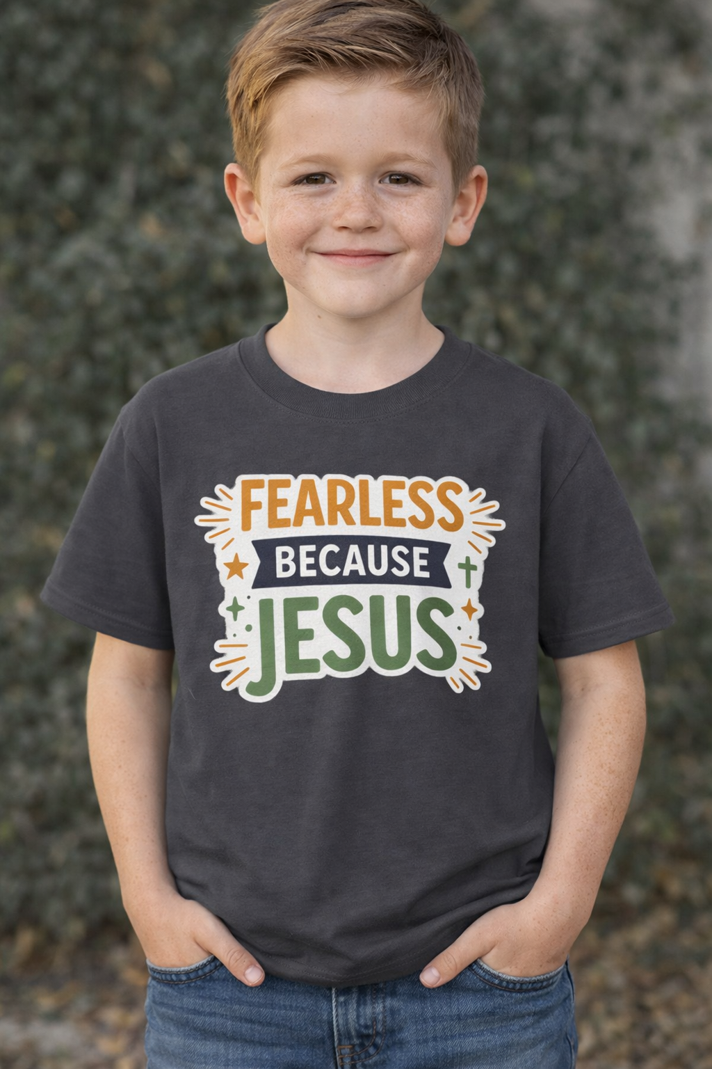 Boys Tee  "Fearless Because Jesus" Christian Faith Shirt