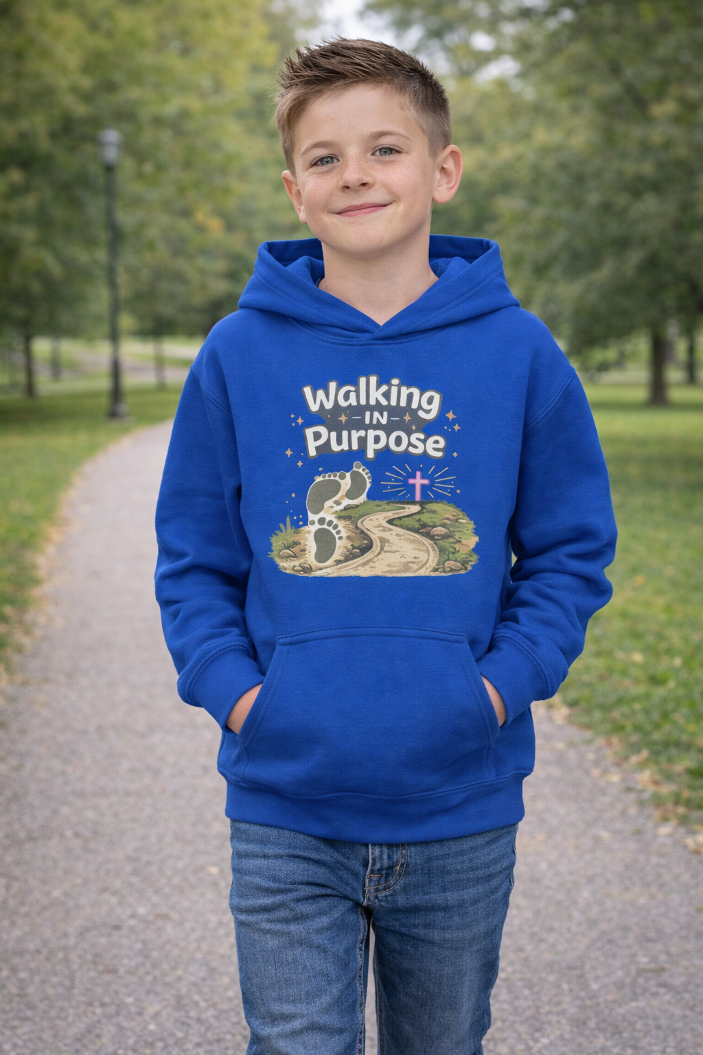 Youth Hoodie — "Walking in Purpose" Inspirational Christian Graphic