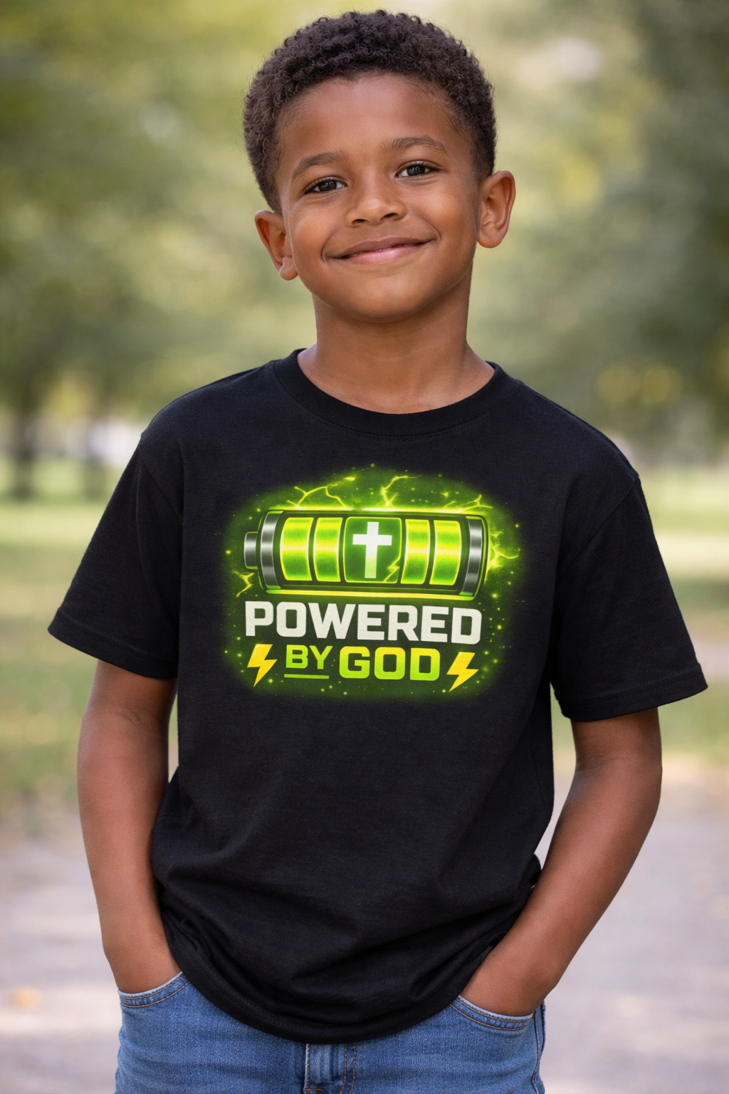 Kids Tee  "Powered by God" Battery Graphic Christian Shirt