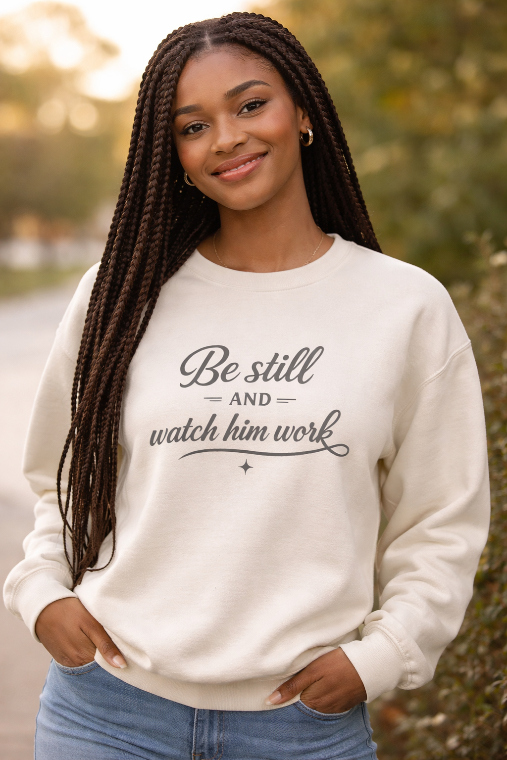 Womens Faith Quote Sweatshirt — “Be Still and Watch Him Work” Crewneck