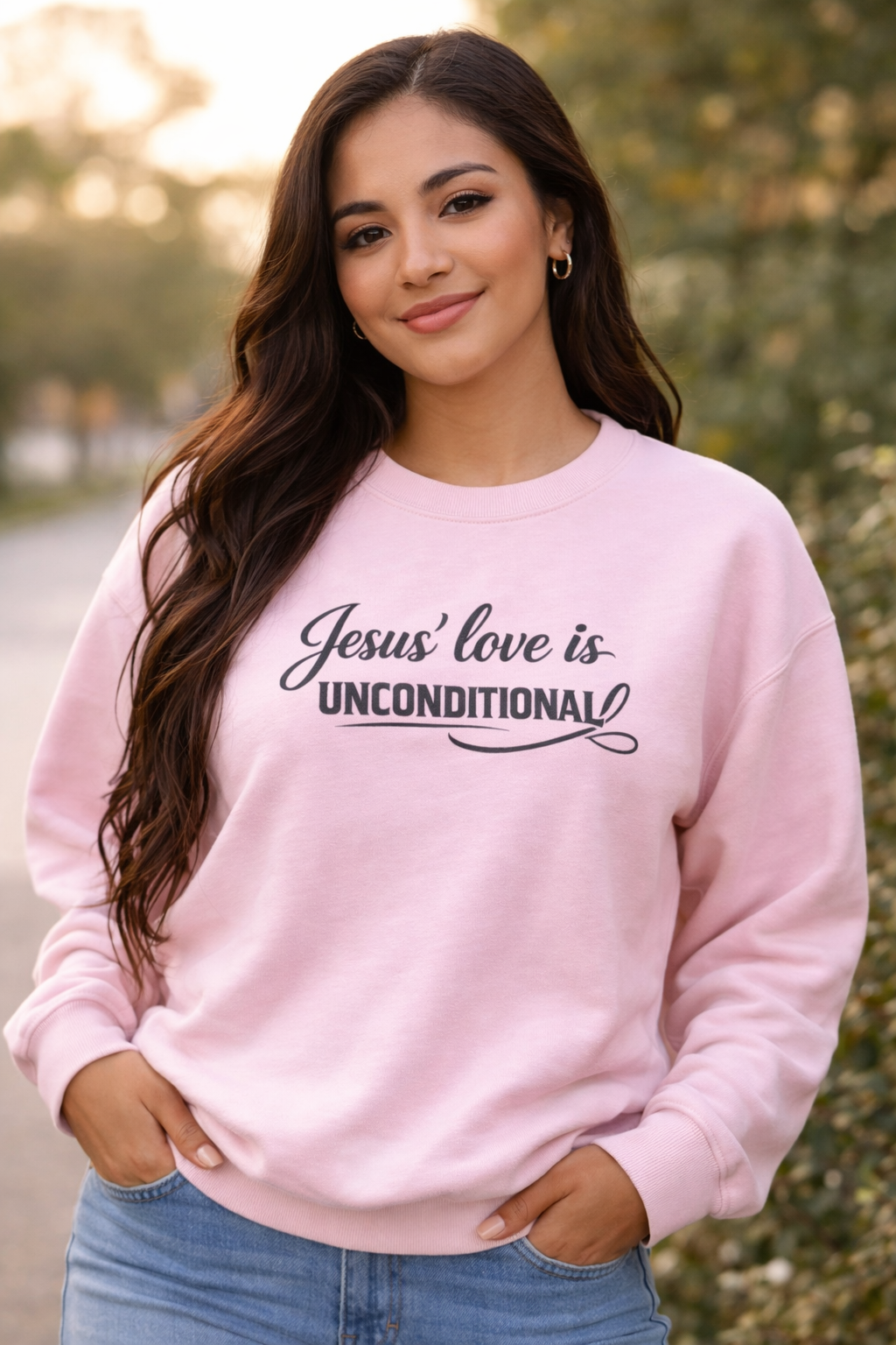Womens Crewneck Sweatshirt — "Jesus' Love Is Unconditional" Faith Graphic
