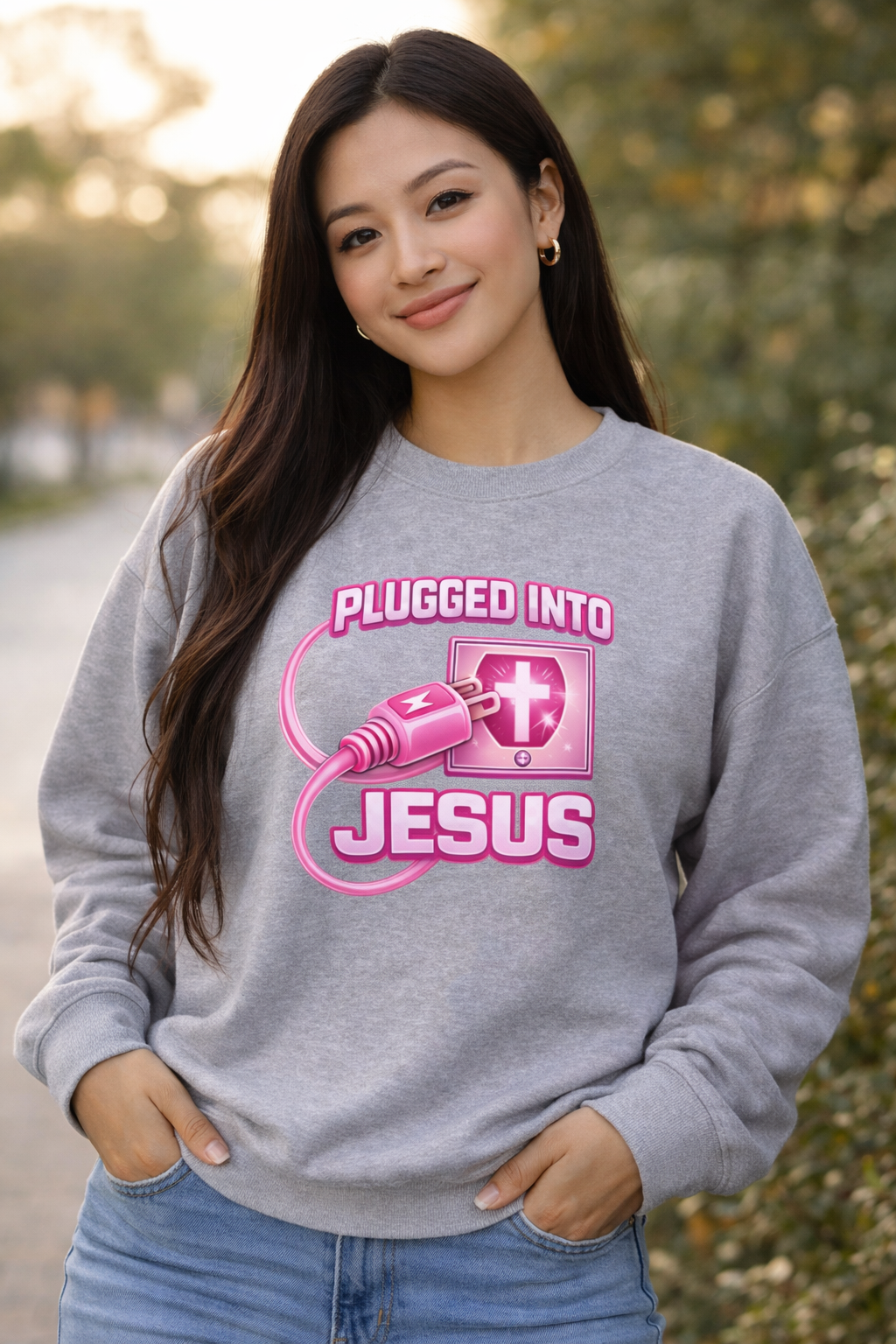 Womens Christian Crewneck Sweatshirt — "Plugged Into Jesus" Pink Graphic
