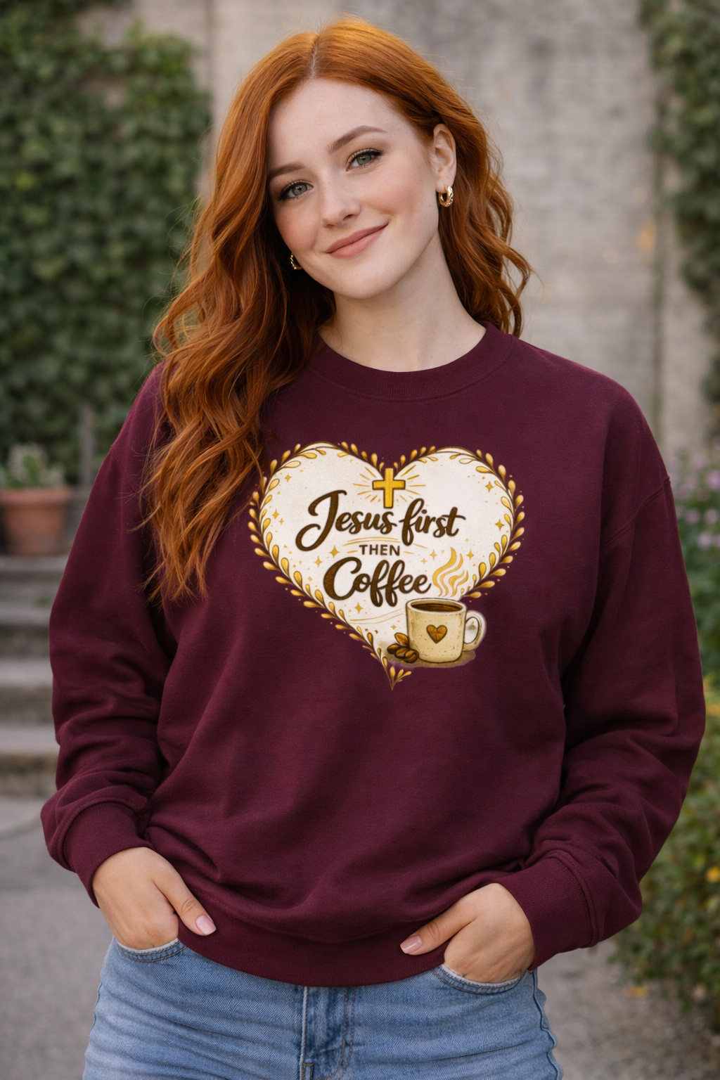 Womens Jesus First Then Coffee Sweatshirt — Christian Coffee Lover Crewneck