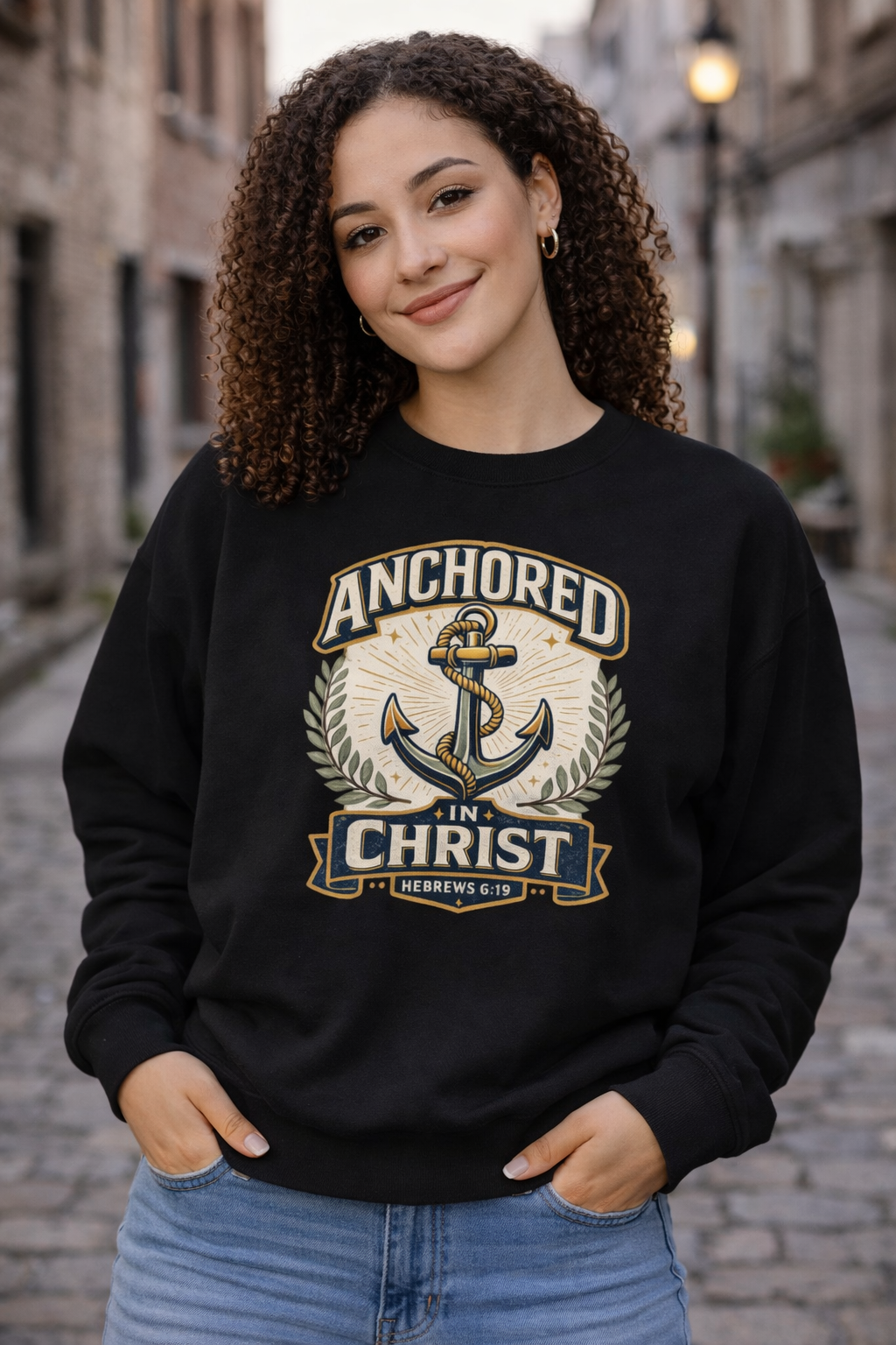 Womens Anchored in Christ Crewneck Sweatshirt — Christian Anchor Faith Pullover