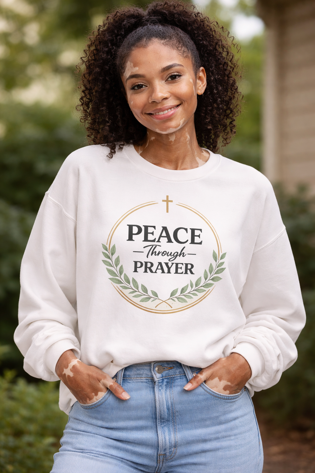 Womens Peace Through Prayer Crewneck Sweatshirt — Christian Faith Graphic Sweatshirt