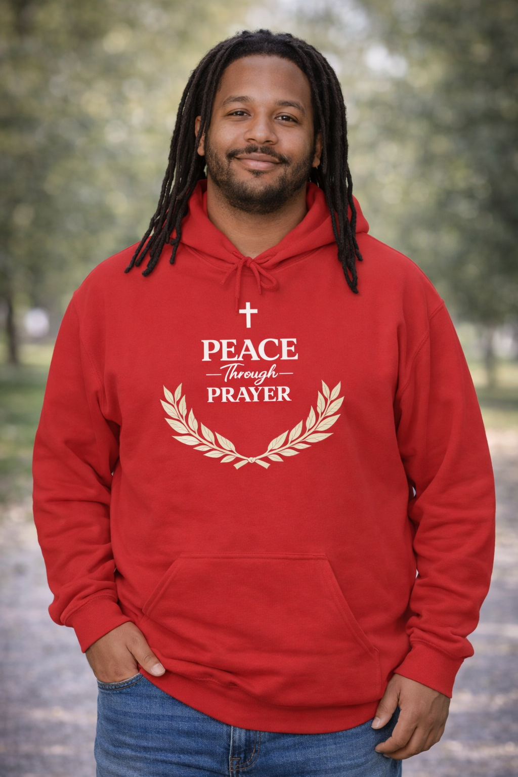 Mens Hoodie "Peace Through Prayer" Religious Laurel Cross Hoodie