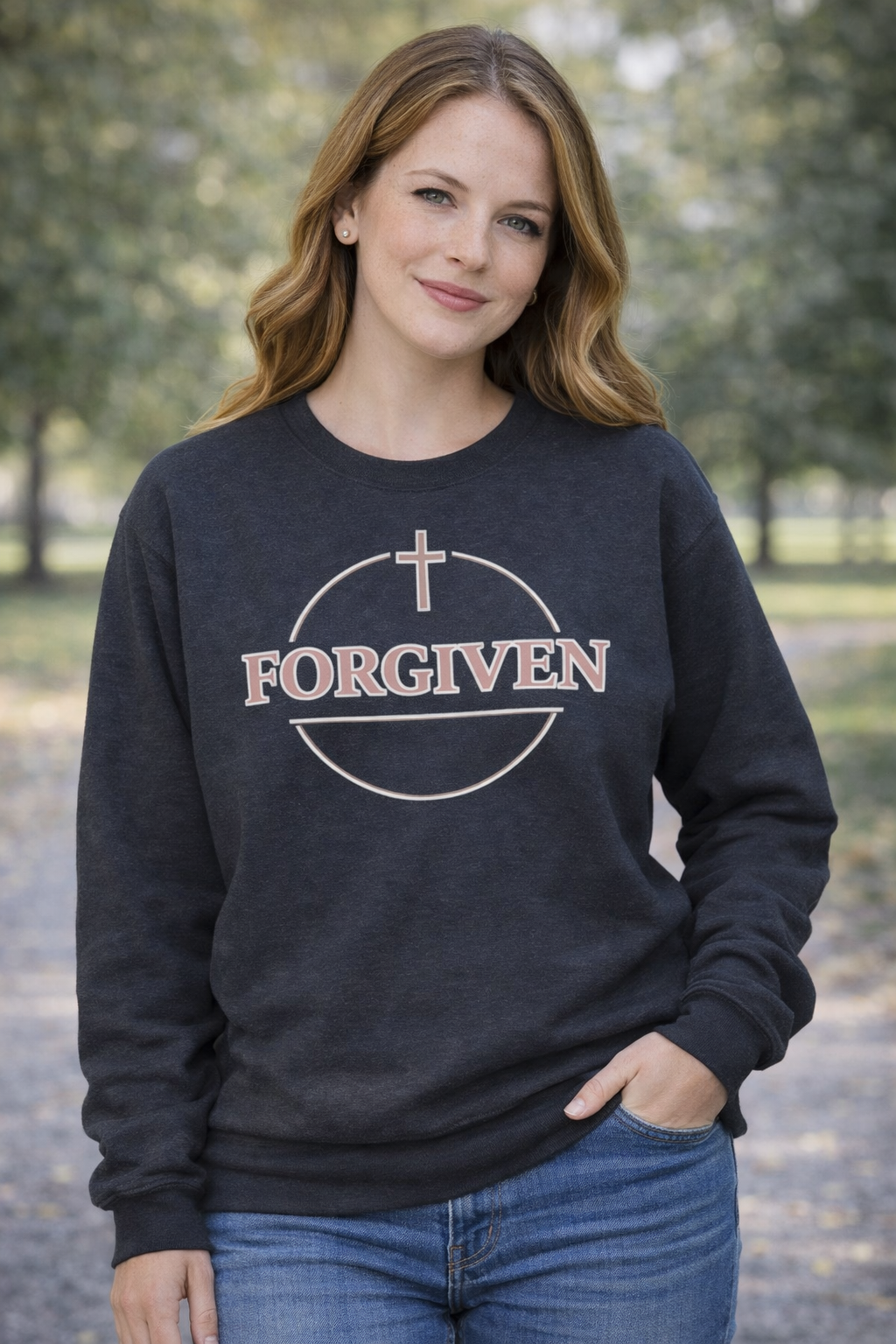 Womens Forgiven Crewneck Sweatshirt — Christian Faith Cross Pullover