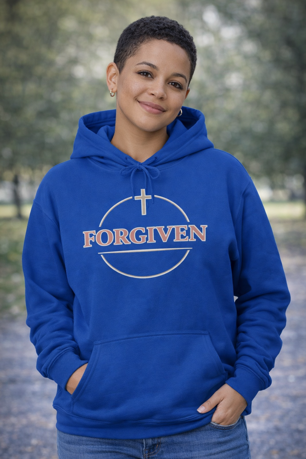 Womens Forgiven Hoodie — Minimal Christian Cross Faith Sweatshirt