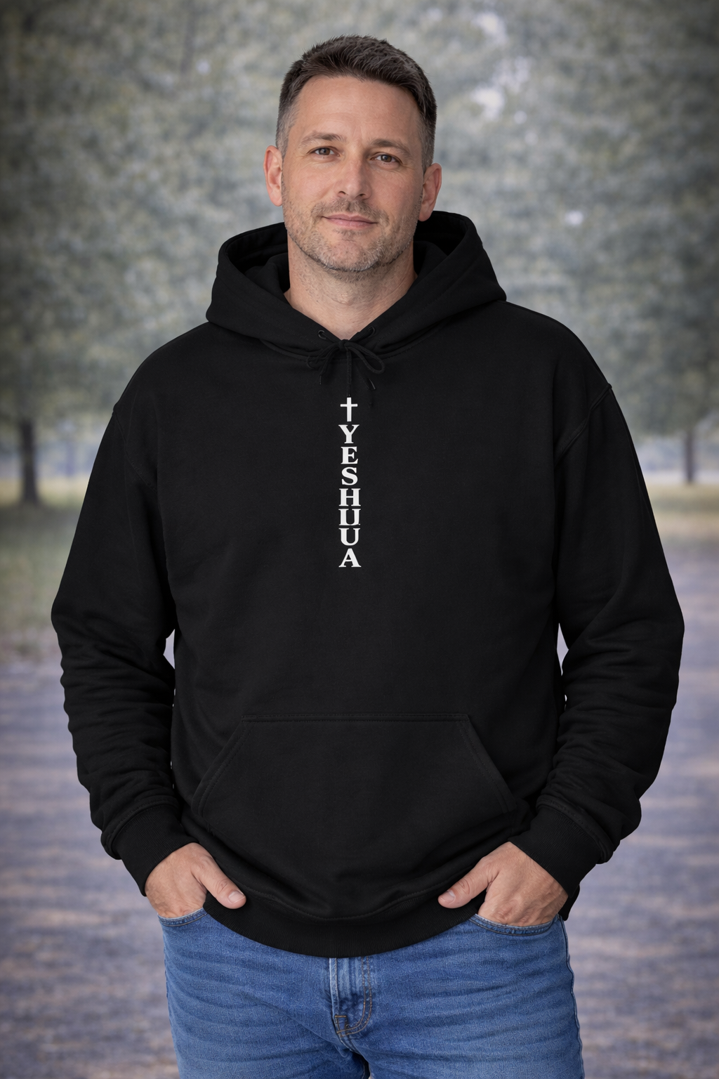 Mens Yeshua Vertical Cross Hoodie — Minimal Christian Faith Pullover