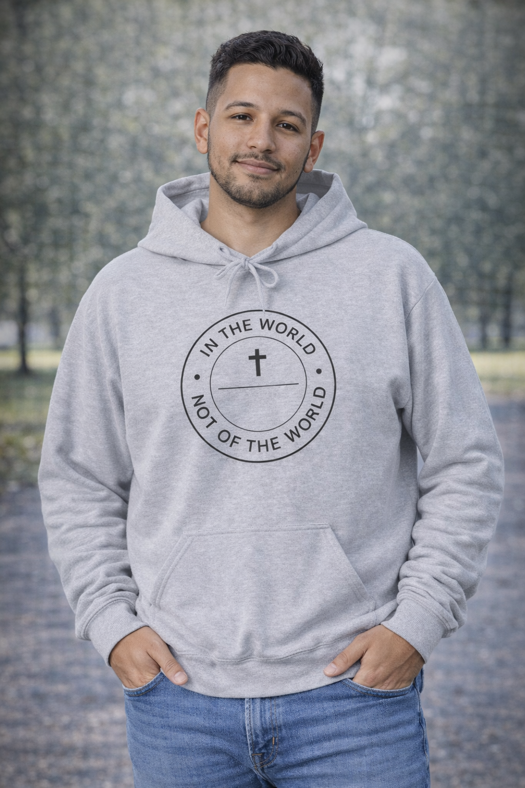 Men Christian Hoodie — “In the World, Not of the World” Cross Pullover