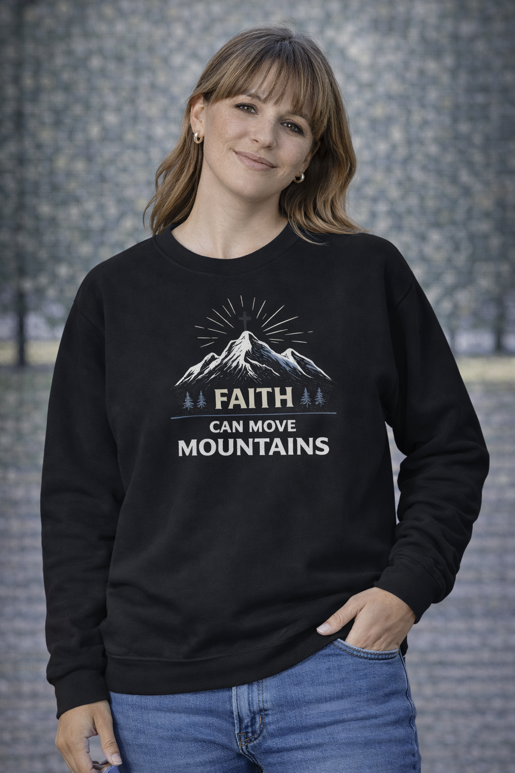 Womens Faith Can Move Mountains Crewneck Sweatshirt – Christian Inspirational Pullover