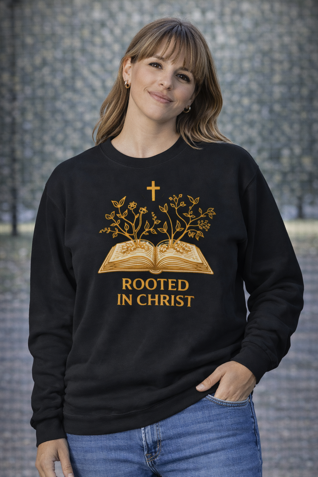 Womens Rooted in Christ Sweatshirt — Christian Faith Bible Graphic Crewneck