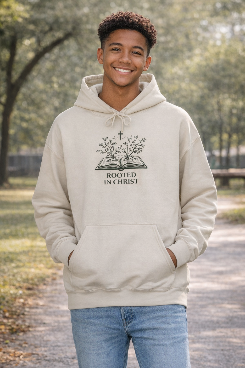 Mens Christian Hoodie — "Rooted in Christ" Bible Floral Design