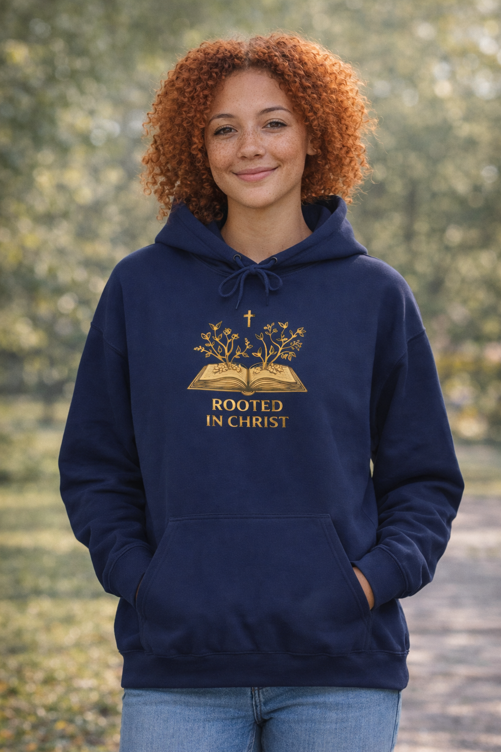 Womens Rooted in Christ Hoodie — Christian Faith Bible Cross Pullover
