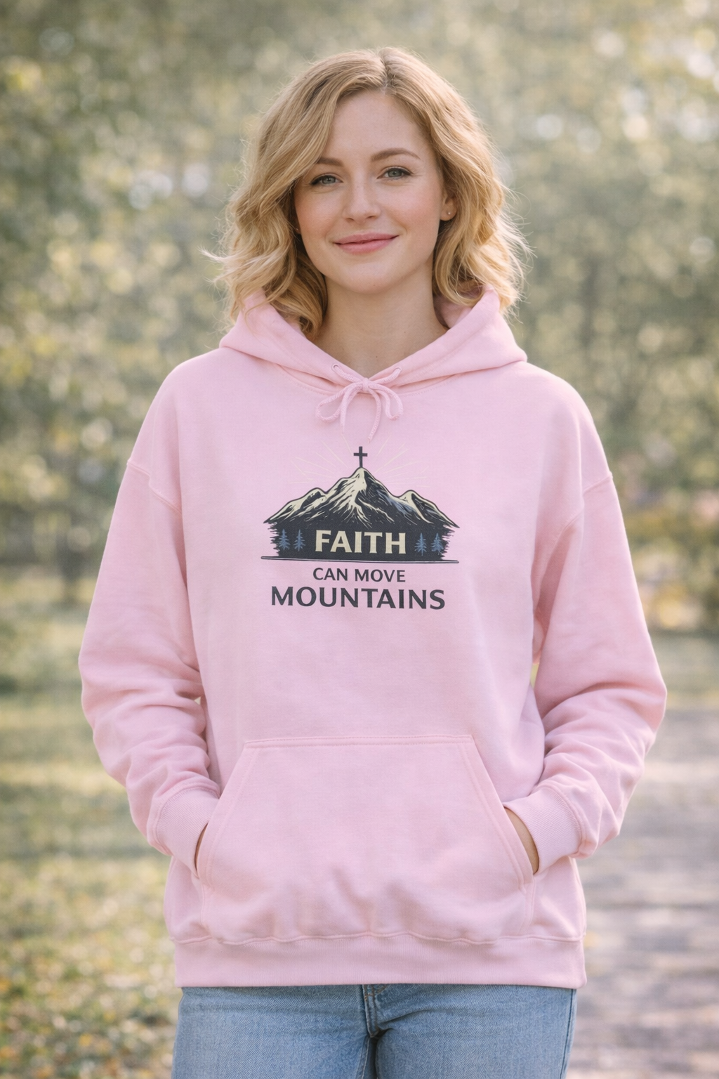 Womens Faith Can Move Mountains Hoodie — Christian Inspirational Mountain Graphic Hoodie