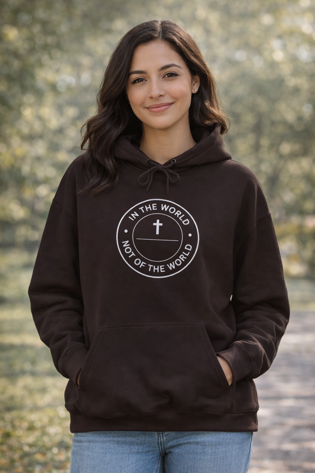 Womens Christian Cross Hoodie — "In the World, Not of the World" Faith Hoodie