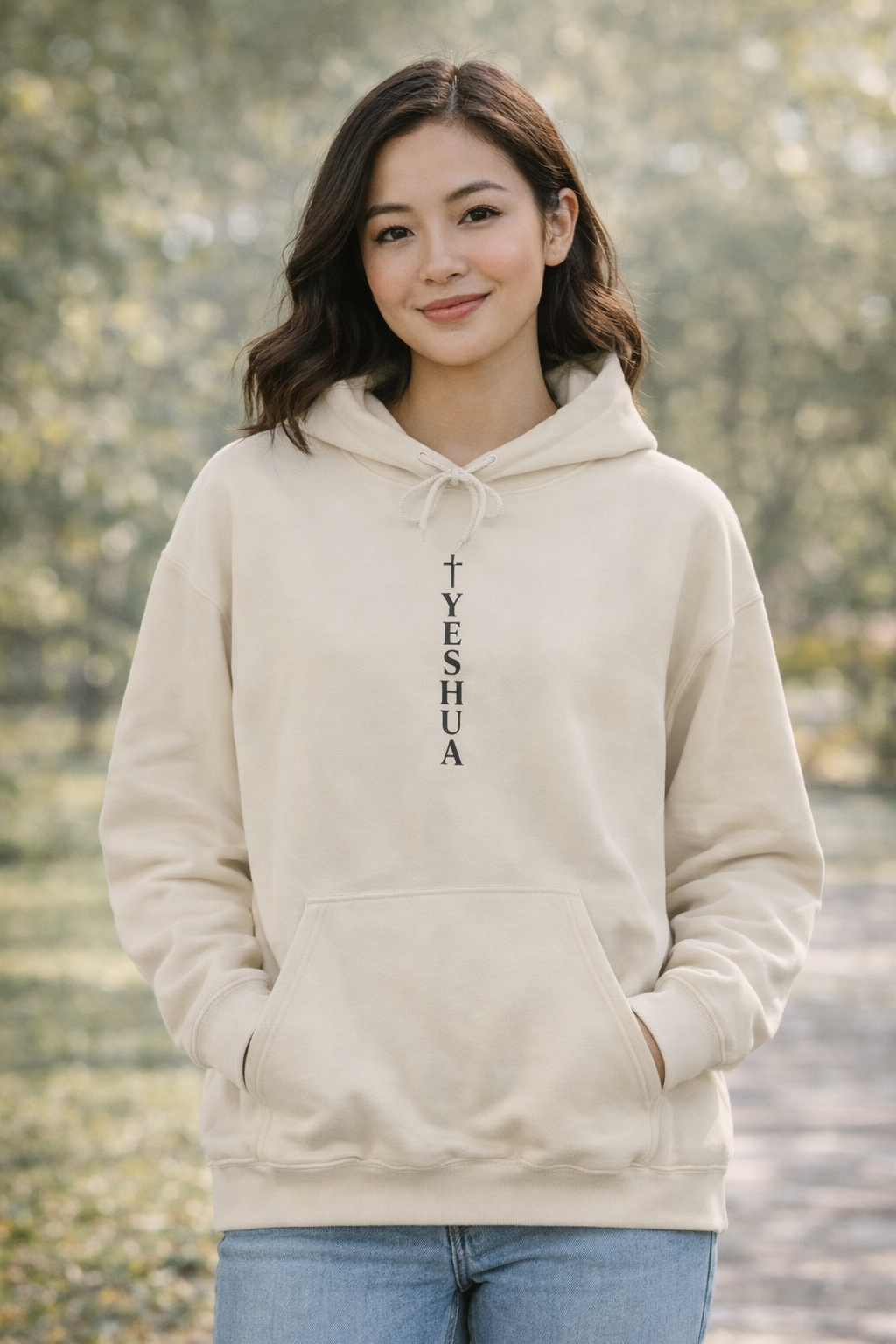 Womens Hoodie  Minimal Vertical "TYESHUA" Cross Design | Christian Faith Pullover