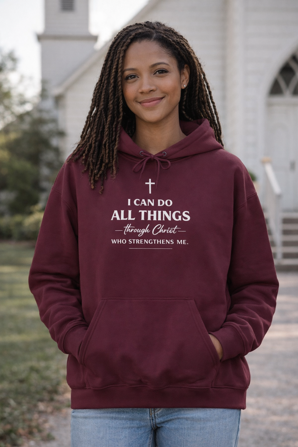 Womens Christian Faith Hoodie — “I Can Do All Things Through Christ” Inspirational Pullover