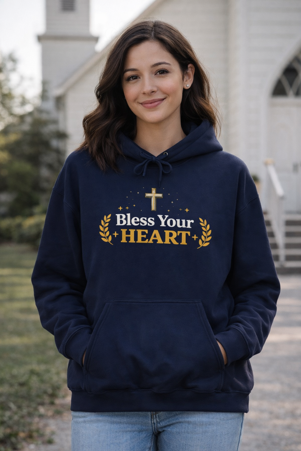 Womens Bless Your Heart Hoodie  Christian Cross Faith Pullover