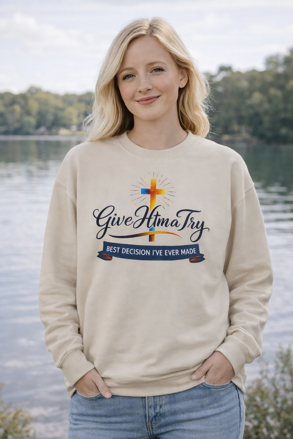 Womens Christian Crewneck Sweatshirt — "Give Him a Try" Faith Cross Design