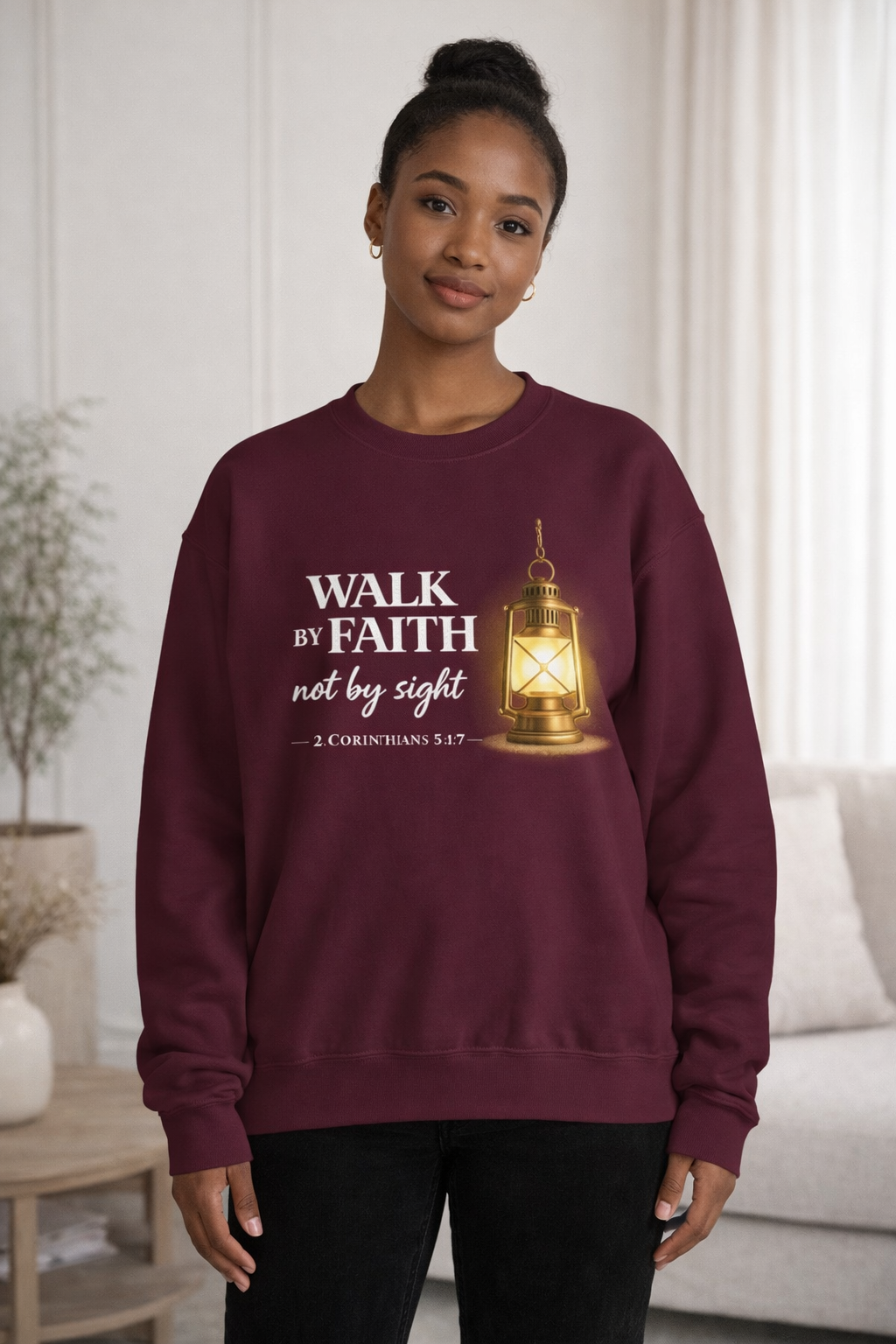 Womens "Walk By Faith Not By Sight" Classic White Crewneck Sweatshirt