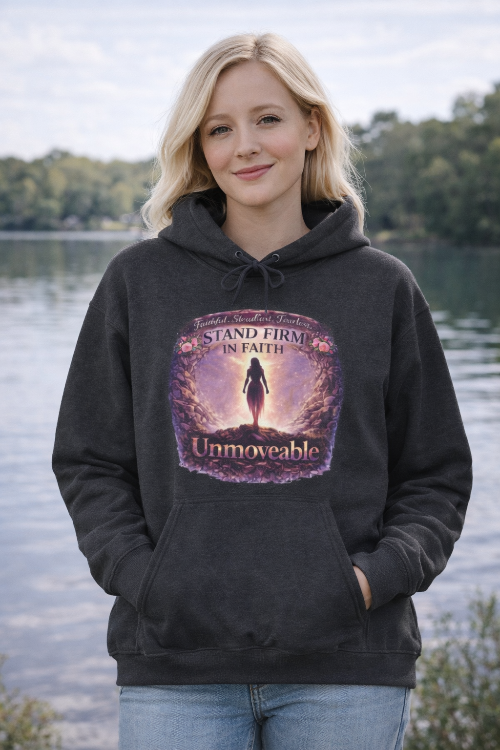 Womens Unmoveable Inspirational Hoodie — "Stand Firm in Faith" Spiritual Graphic Sweatshirt