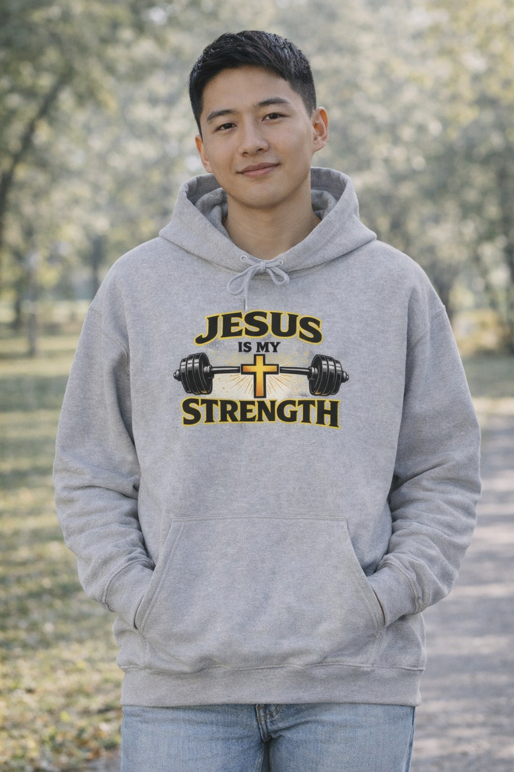 Mens Jesus Is My Strength Hoodie — Christian Faith Cross & Barbell Pullover