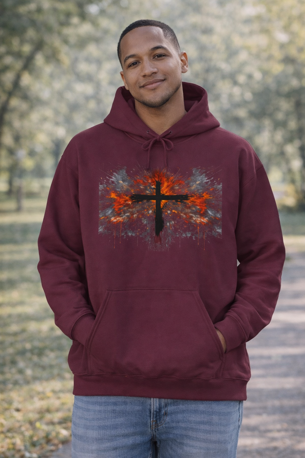 Mens Christian Cross Hoodie — Grunge Red & Black Faith Pullover