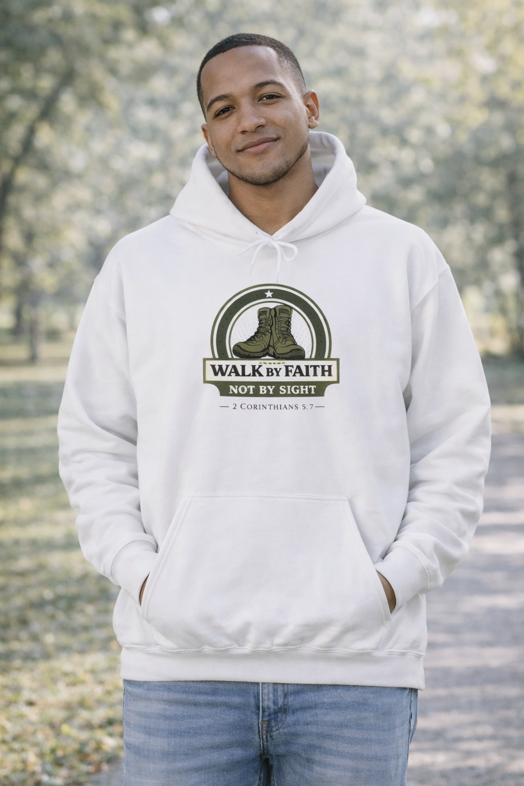 Mens Faith Hooded Sweatshirt — "Walk by Faith, Not by Sight" Christian Hoodie