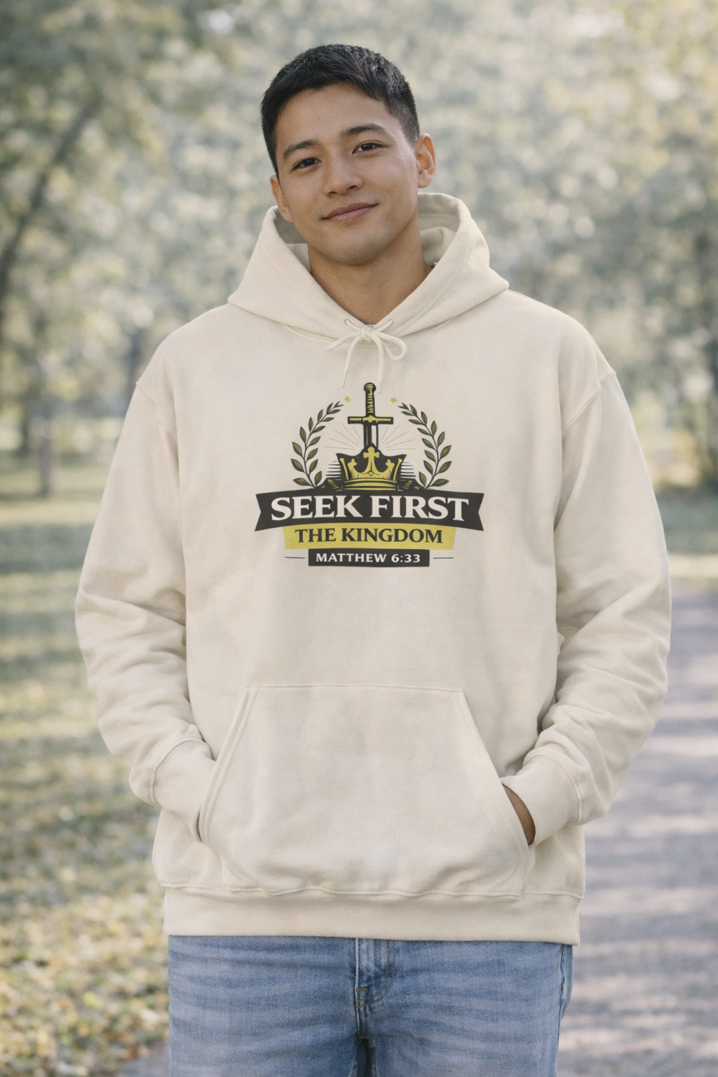 Mens Seek First the Kingdom Hoodie — Matthew 6:33 Christian Faith Pullover