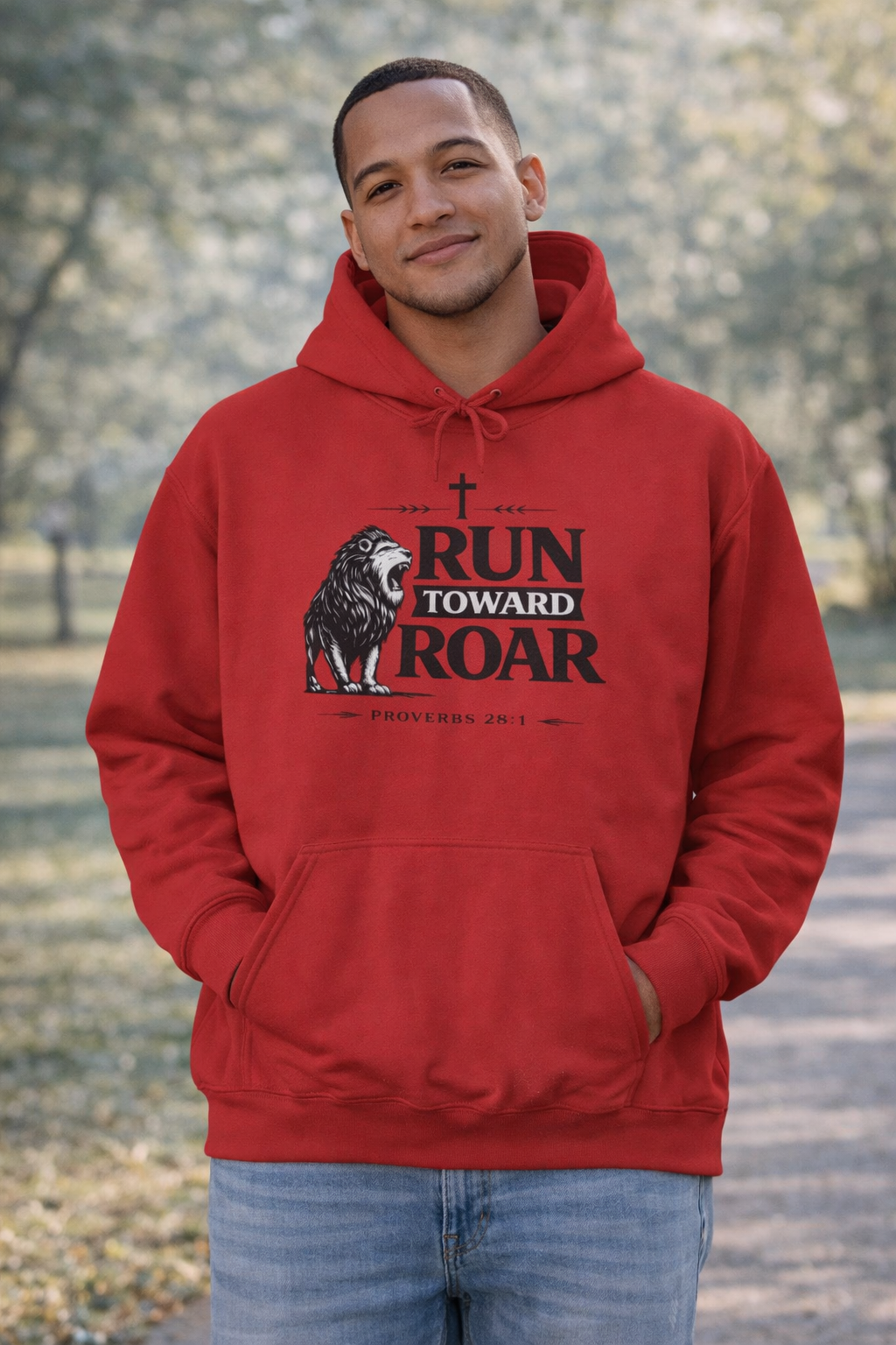 Mens Run Toward the Roar Hoodie — Christian Lion Faith Sweatshirt