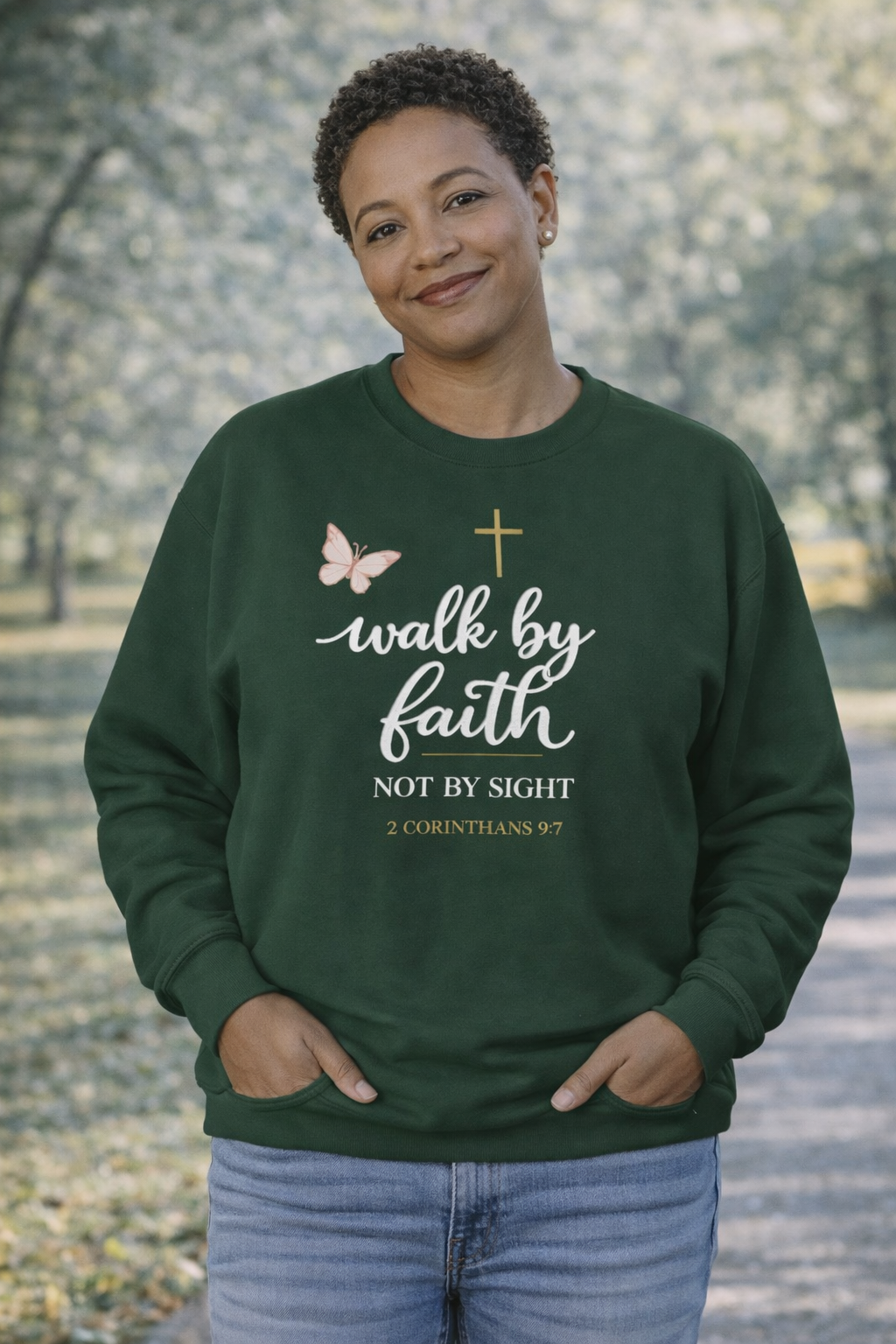 Womens Faith Crewneck Sweatshirt — "Walk by Faith, Not by Sight" Christian Pullover