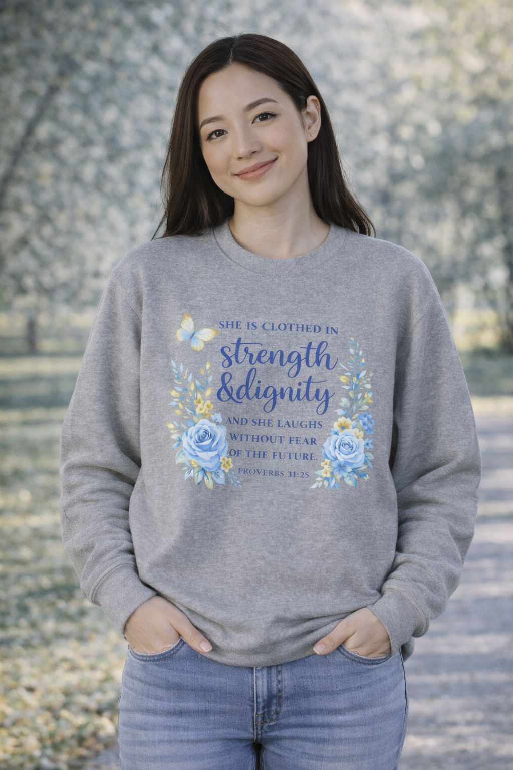 Womens Strength & Dignity Crewneck Sweatshirt — Inspirational Floral Scripture Design
