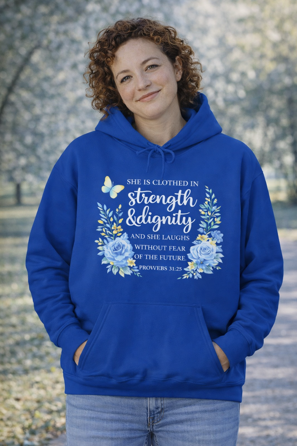Womens Inspirational Floral Hoodie — "Strength & Dignity" Scripture Sweatshirt