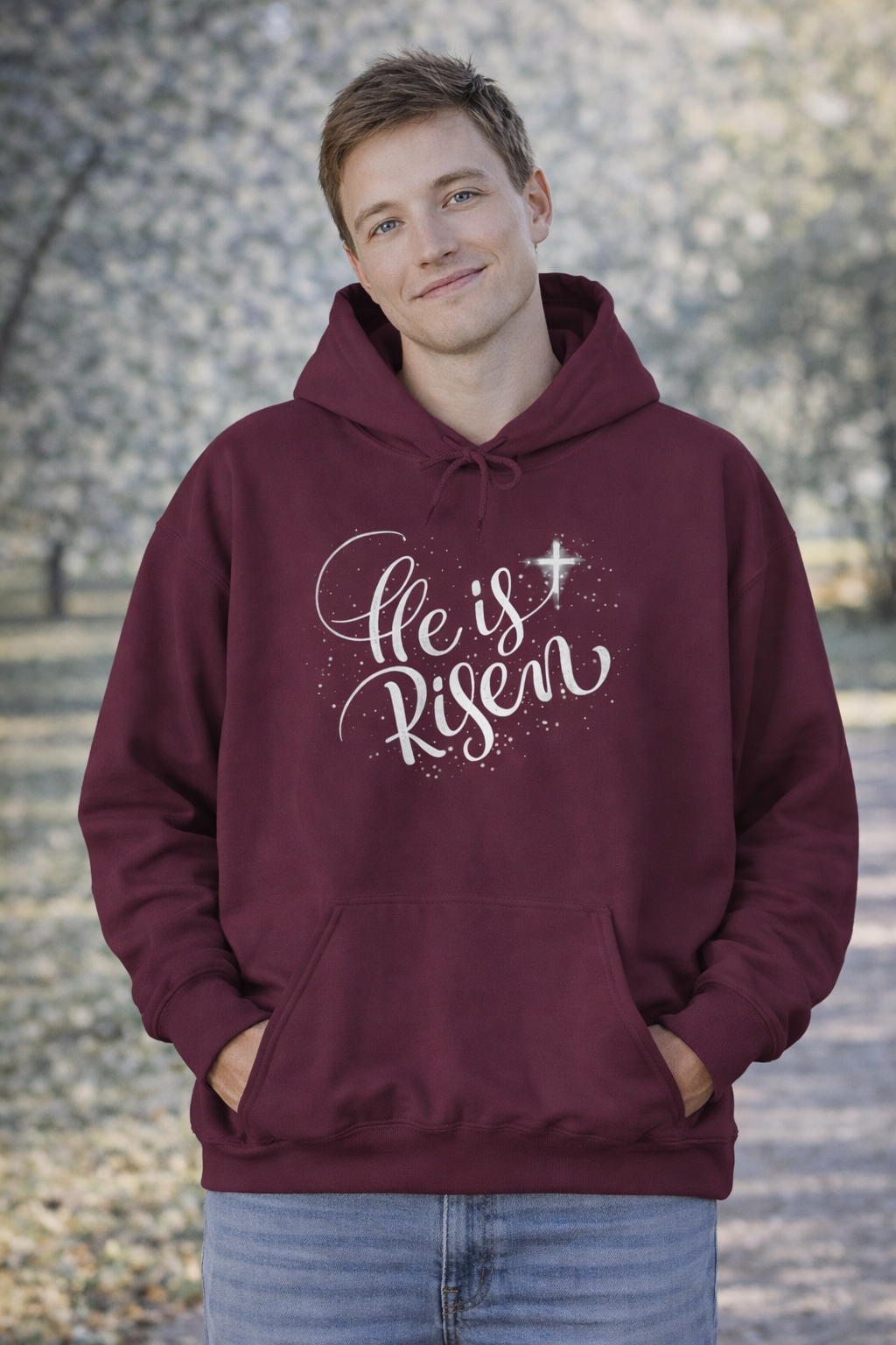 Mens He Is Risen Hoodie – Christian Easter Scripture Pullover