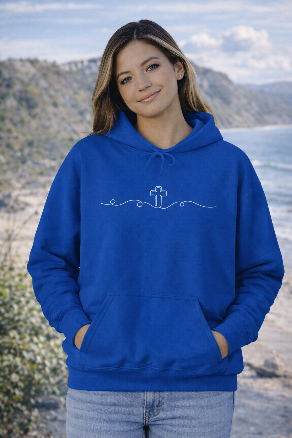 Womens Christian Cross Minimalist Hoodie  Simple Line Faith Sweatshirt