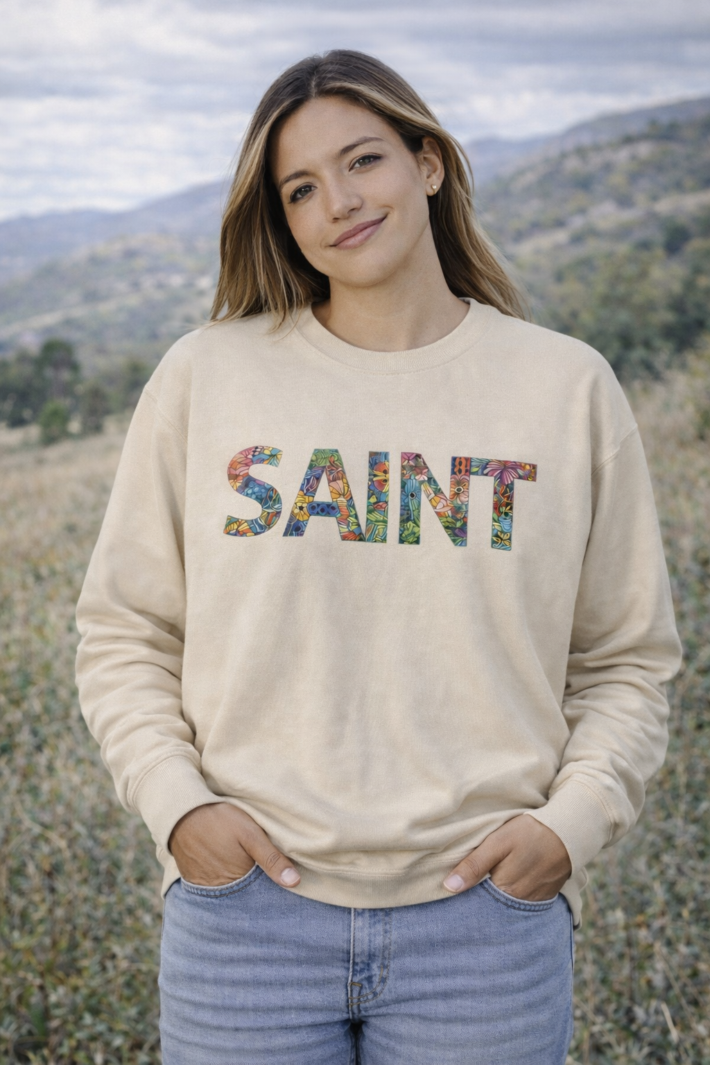 Womens Crewneck Sweatshirt  'SAINT' Colorful Floral Lettering