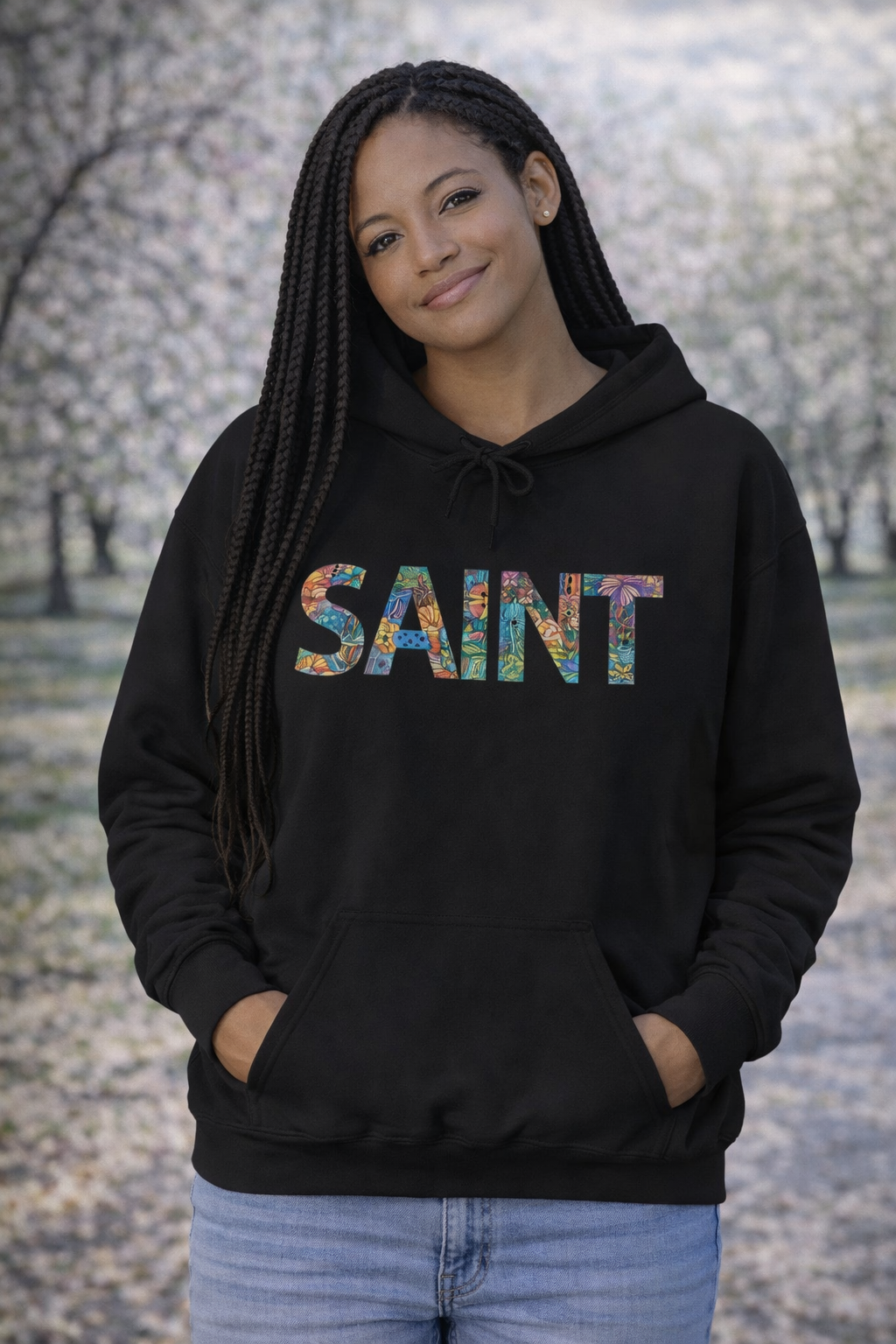 Womens Saint Floral Hoodie — Colorful 'SAINT' Graphic Pullover