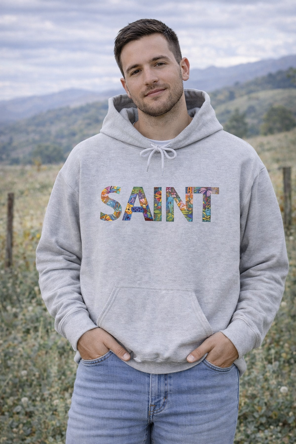 Mens Saint Floral Hoodie  Colorful Botanical Lettering Pullover