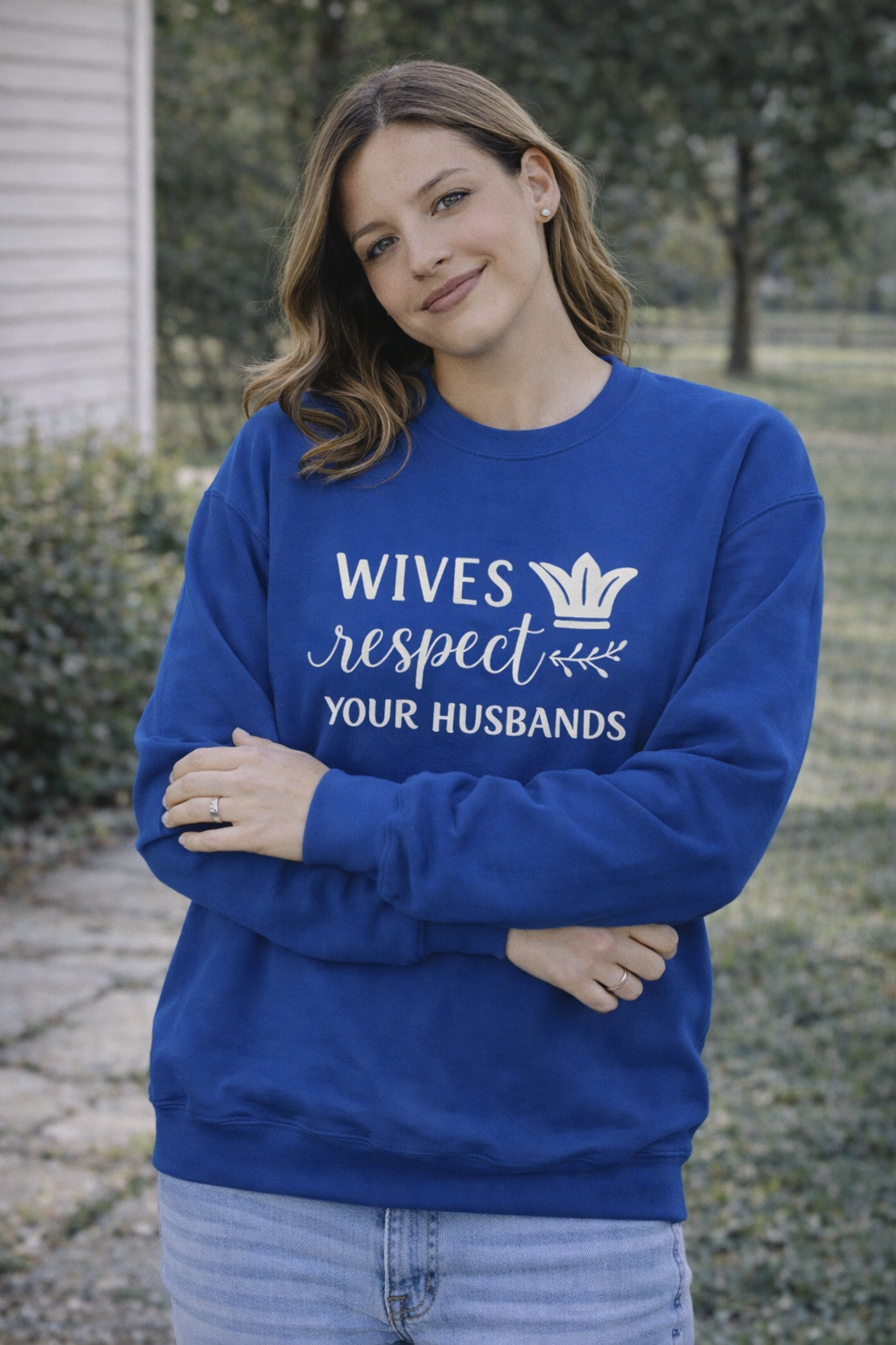 WOmens Crewneck Sweatshirt  "Wives Respect Your Husbands" Script Crown Design