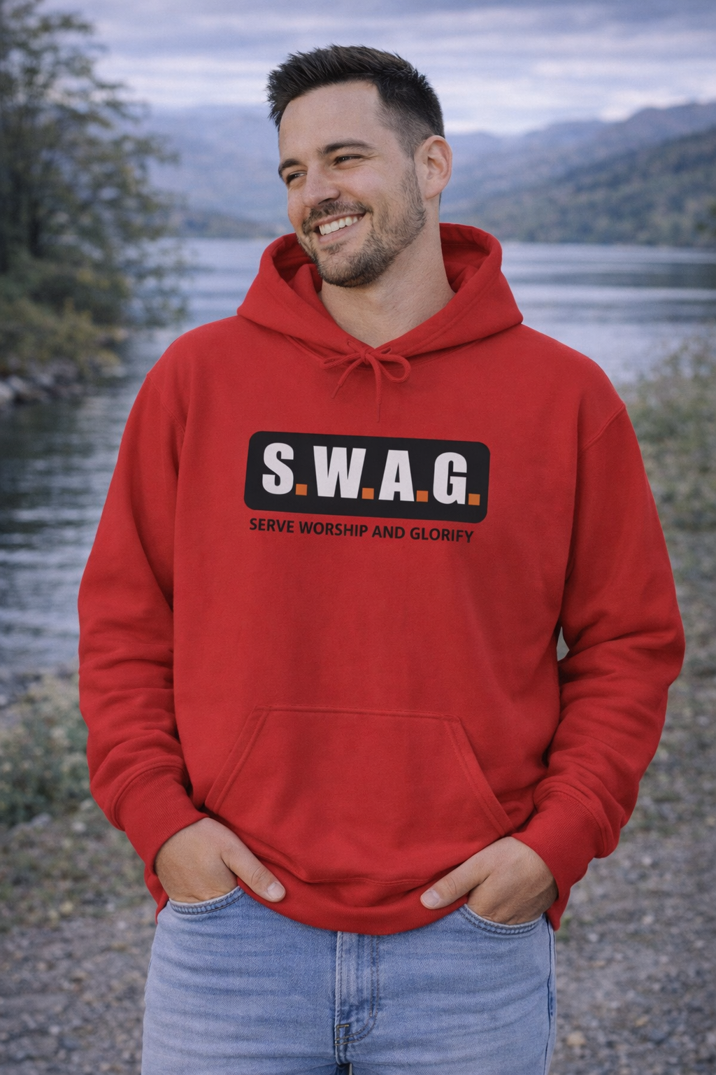 Mens S.W.A.G. Hoodie — Bold Black Logo Sweatshirt (Serve, Worship & Glorify)
