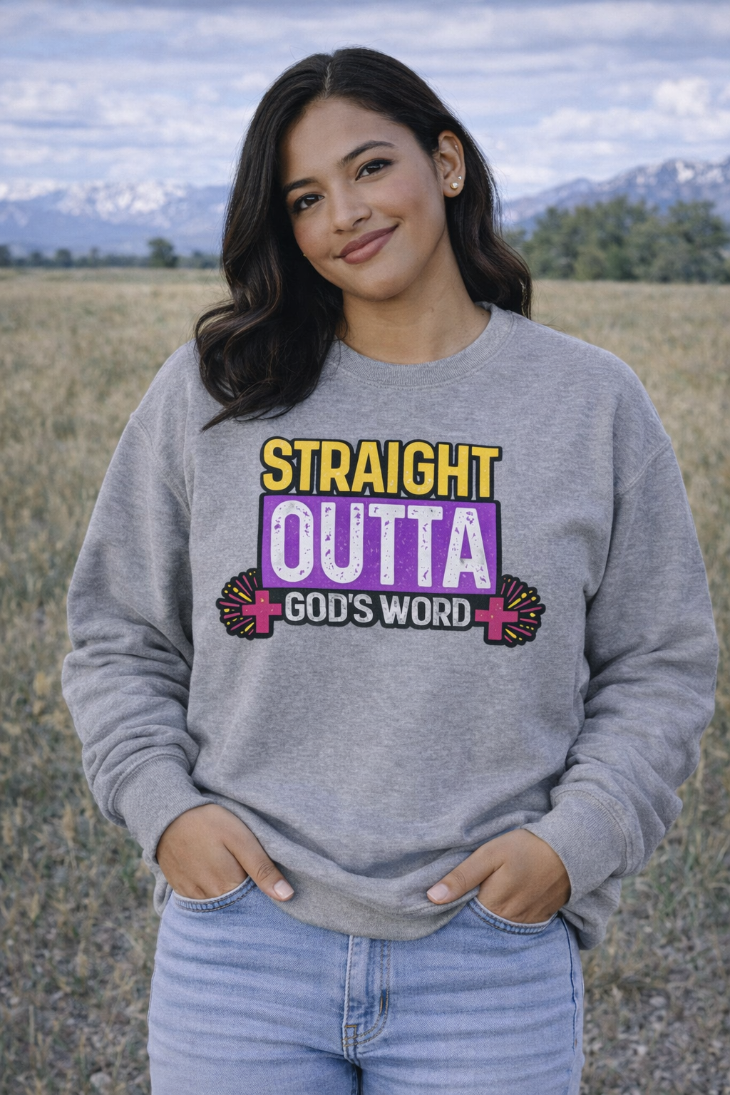 Womens Crewneck Sweatshirt — "Straight Outta God's Word" Christian Gospel Pullover