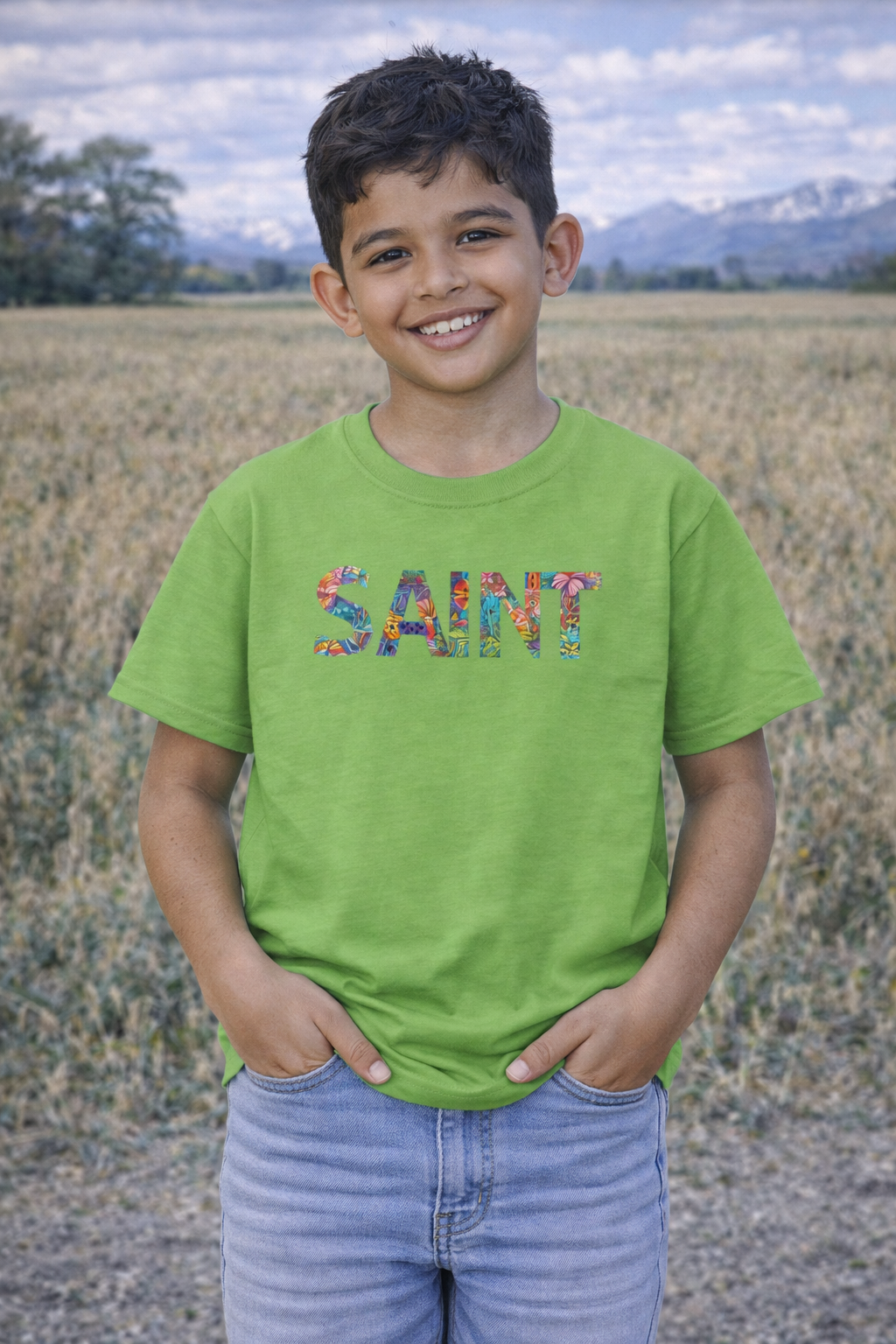 Boys Saint Kids T‑Shirt — Colorful Patterned Lettering Tee for Children