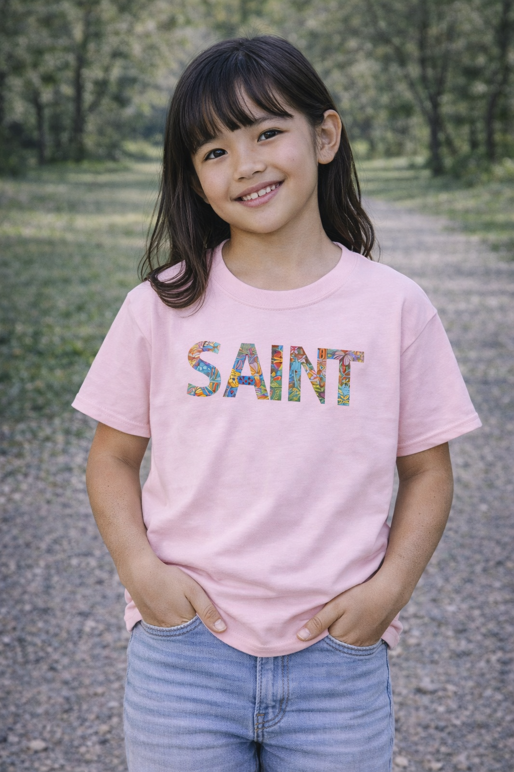 Girls Saint Kids T‑Shirt — Colorful Patterned Lettering Tee for Children