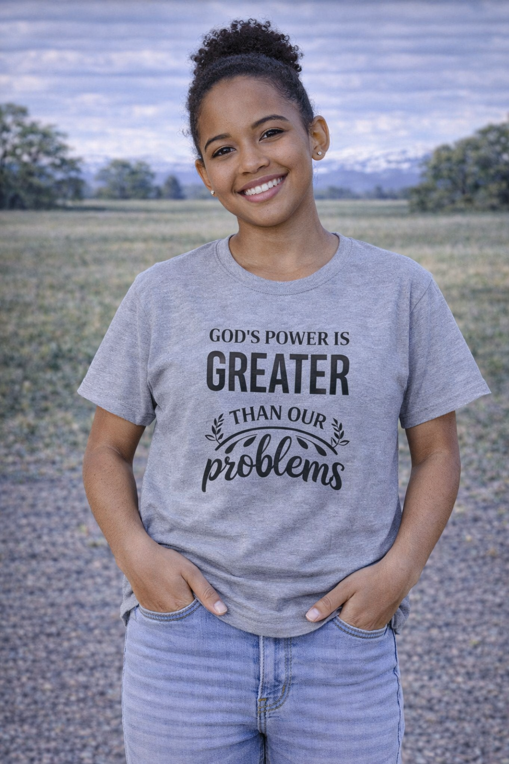 Womens Christian Faith T-Shirt — "God's Power Is Greater Than Our Problems" Inspirational Tee