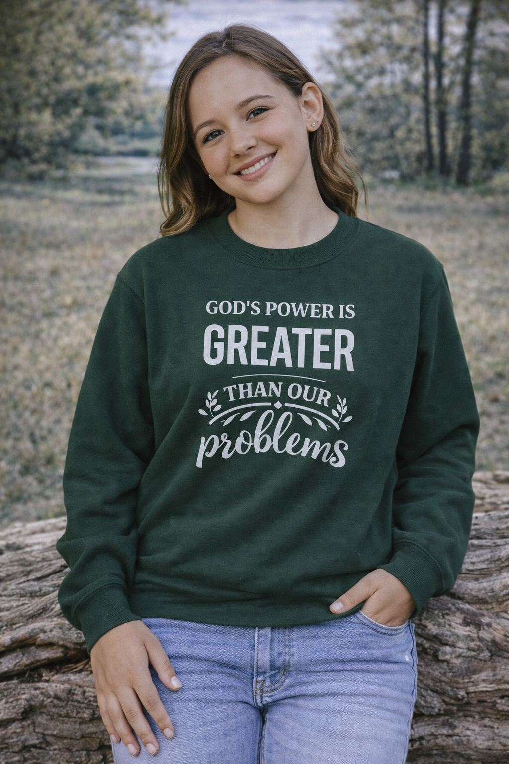 Womens Crewneck Sweatshirt — "God's Power Is Greater Than Our Problems" Inspirational Christian Pullover