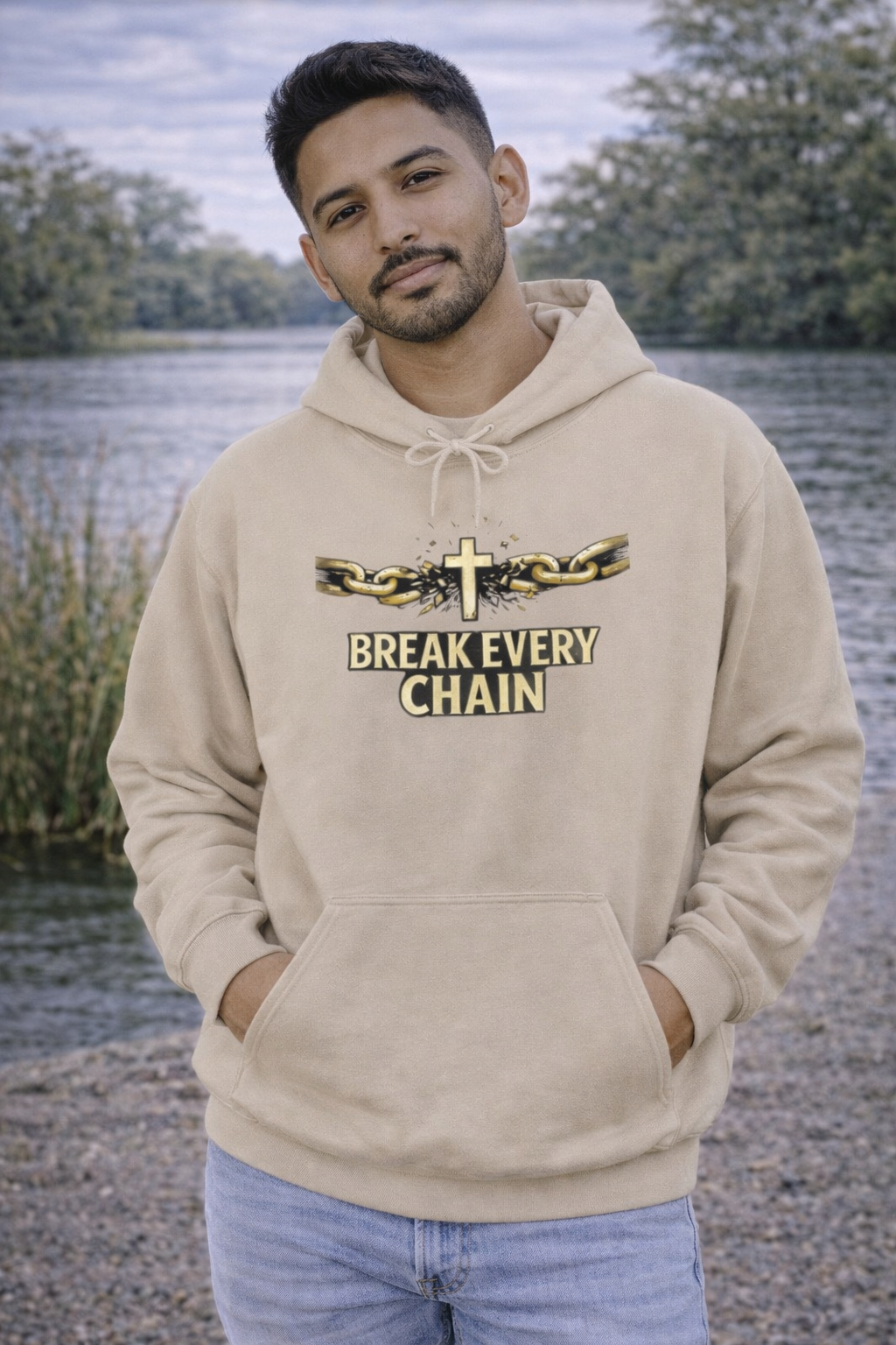 Mens Break Every Chain Hoodie — Christian Cross & Broken Chains Faith Sweatshirt
