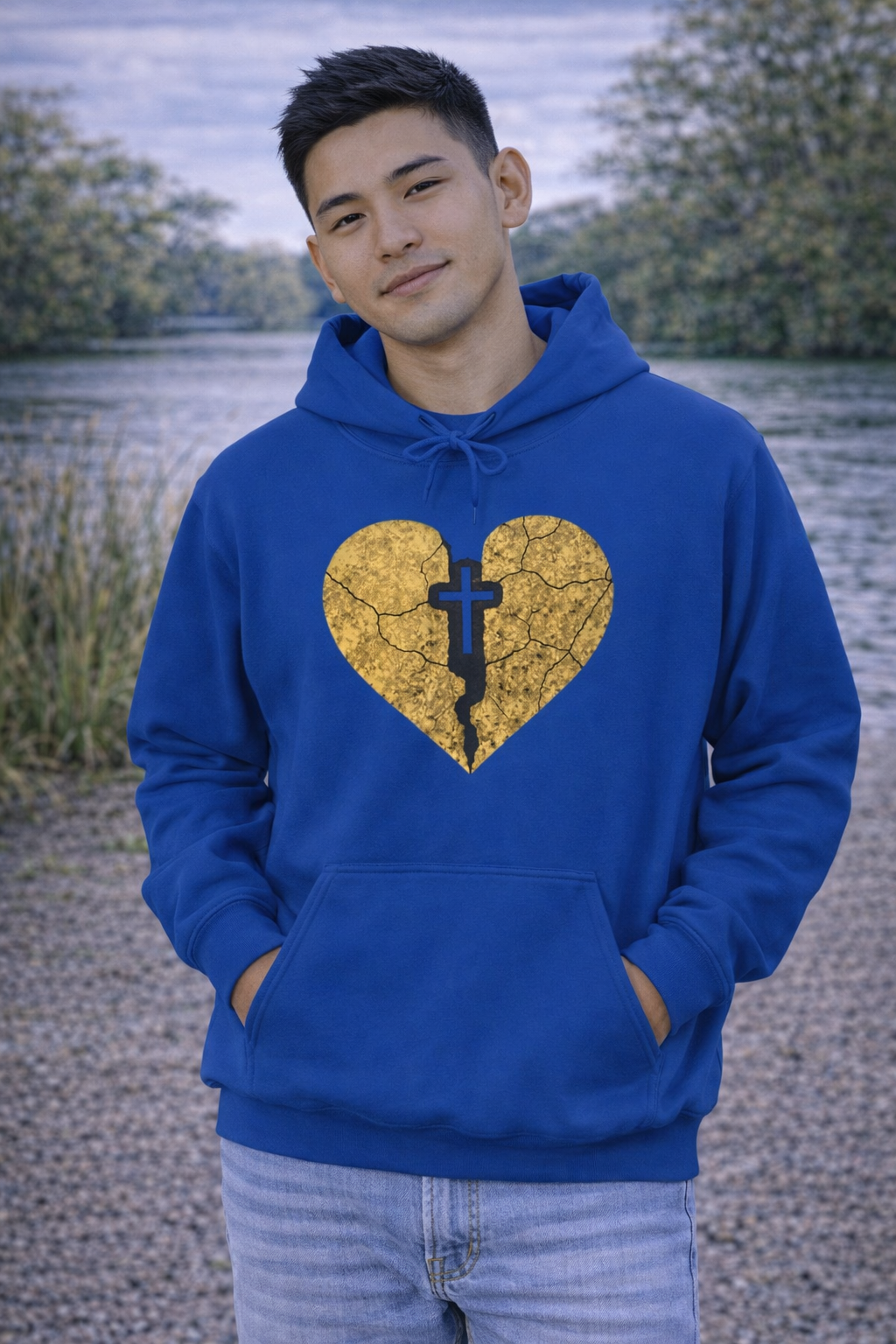 Mens Broken Gold Heart Cross Hoodie — Christian Faith Graphic Sweatshirt