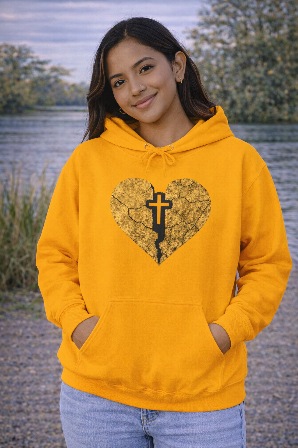 Womens Gold Heart Cross Hoodie — Christian Faith Pullover